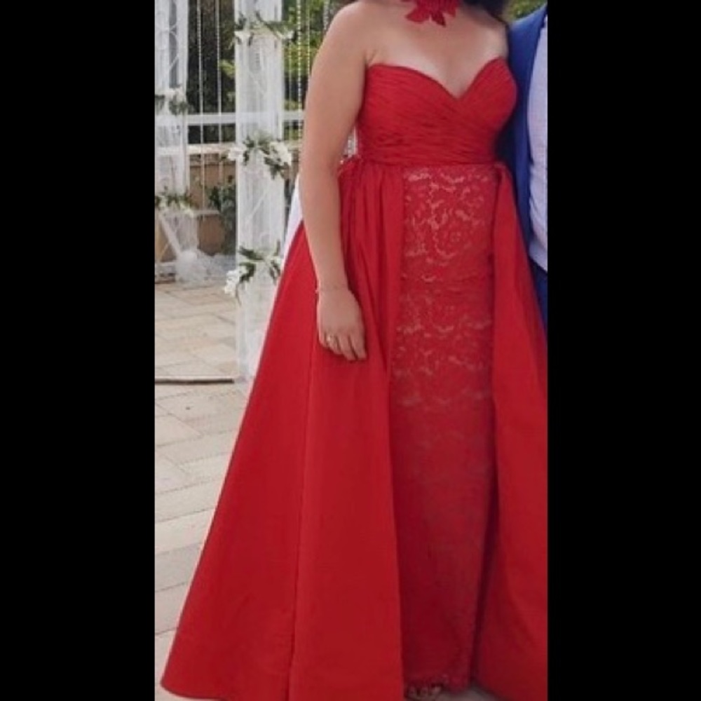 tarik ediz strapless red dress w skirt attachment